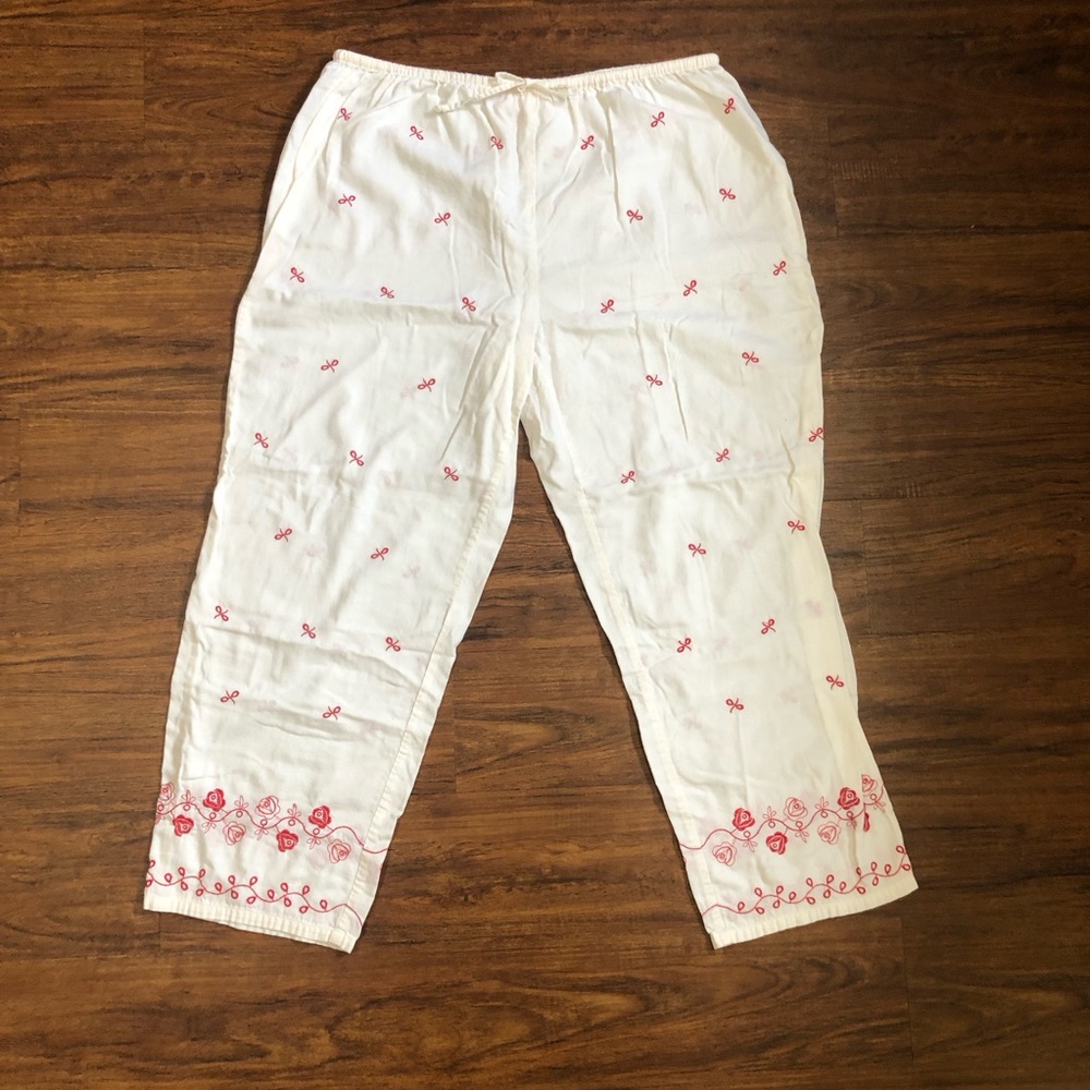 Victoria's Secret Ivory Pajama Bottoms with Red Embroidery
